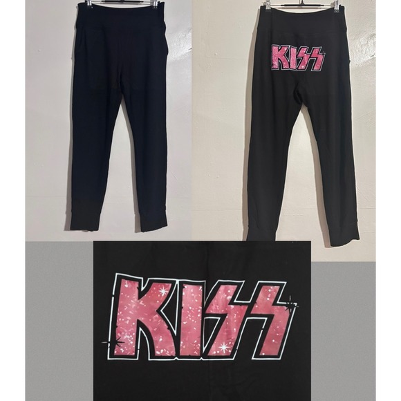 Hand-pressed KISS Rock Band black Lounge Pants Women's medium custom handmade - Picture 1 of 10